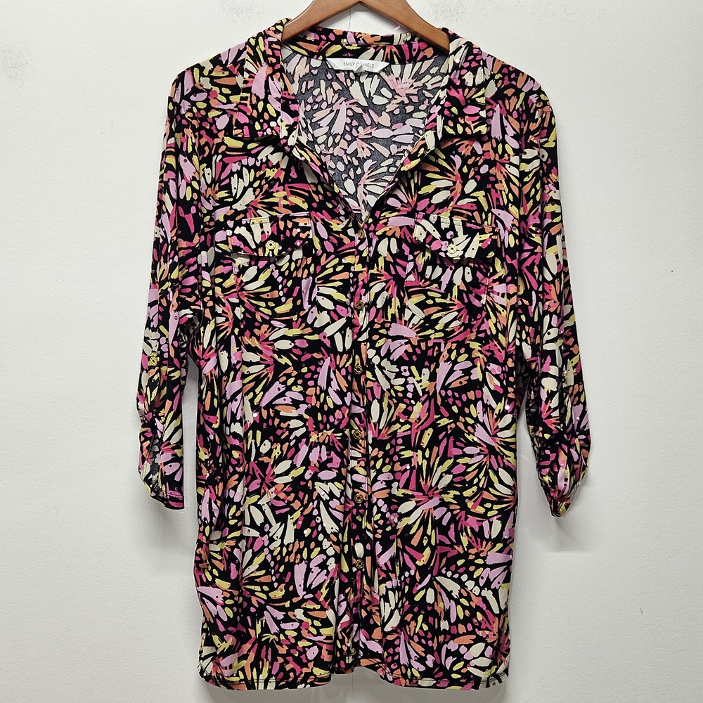 Emily Daniels Sequin Button Front Blouse Top 3/4 Roll Tab Sleeves 2X Eclectic